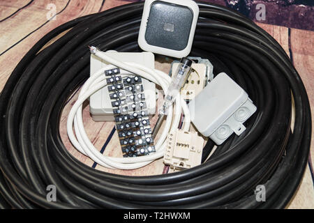 Toolbox with electronic material and equipment for installation Stock Photo