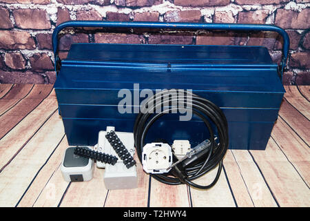 Toolbox with electronic material and equipment for installation Stock Photo