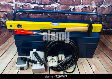 Toolbox with electronic material and equipment for installation Stock Photo