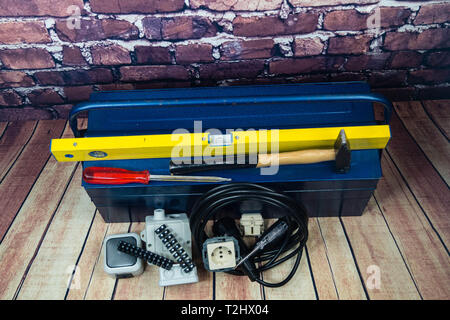 Toolbox with electronic material and equipment for installation Stock Photo