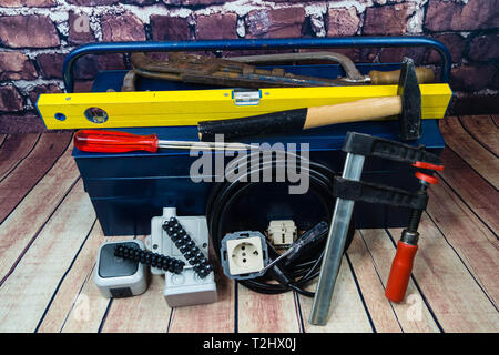 Toolbox with electronic material and equipment for installation Stock Photo