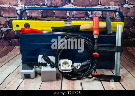 Toolbox with electronic material and equipment for installation Stock Photo