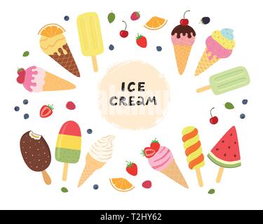 Set of ice cream with fruits and berries. Different ice cream for your design. Vector illustration on white isolated background Stock Vector