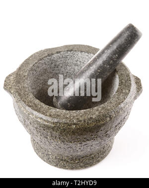 Granite mortar used for making sauces, isolated on white Stock Photo