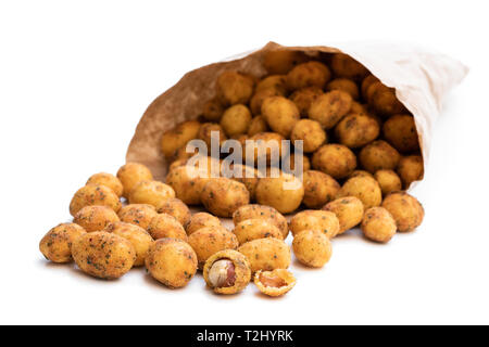 Crispy  chilli peanuts snacks paper bag isolated on white Stock Photo