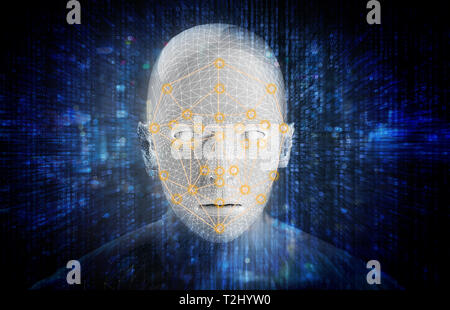 Machine learning systems technology , accurate facial recognition biometric technology and artificial intelligence concept. 3d Rendering of man face a Stock Photo