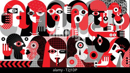 Large group of people modern abstract art vector illustration. Red, black and grey design isolated on a white background. Stock Vector