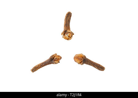 Three seasoning cloves opposite, isolated on white background Stock Photo