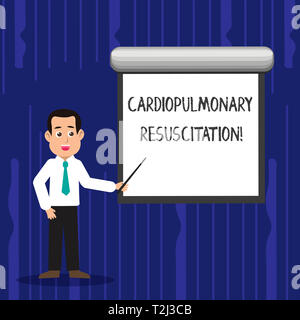 Text sign showing Cardiopulmonary Resuscitation. Business photo text repeated cycles compression chest respiration Man in Necktie Talking Holding Stic Stock Photo