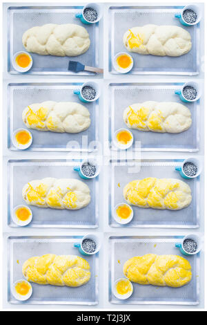 Egg washing   brushed on homemade braided challah, composite composition of the sequence Stock Photo