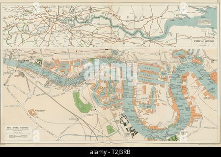 THE PORT OF LONDON showing wharves & docks. Thames. Vintage map. BACON ...