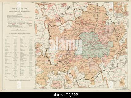 LONDON FIRE BRIGADE. Showing Fire Brigade Stations. Vintage map. BACON 1934 Stock Photo