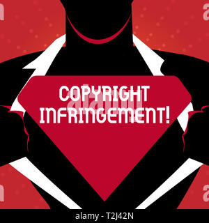 Writing note showing Copyright Infringement. Business concept for use of works protected by law without permission Man Opening his Shirt to reveal the Stock Photo