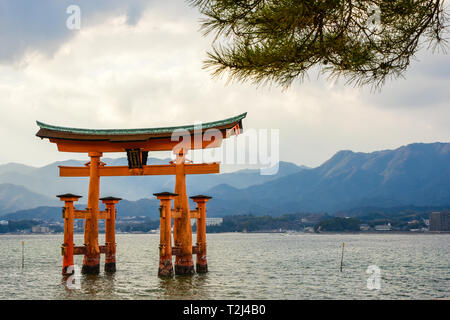 The Torii of Itsukushima Shrine, a Shinto shrine on the island of Itsukushima (popularly known as Miyajima), in Hiroshima Prefecture, Japan Stock Photo