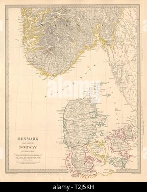 SCANDINAVIA. Denmark and Southern Norway (Norge) . SDUK 1845 old antique map