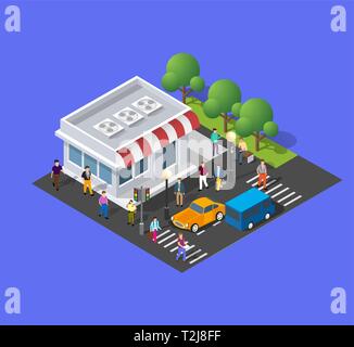 The store eatery home architecture is an idea of technology business equipment flat style urban isometric illustration Stock Vector