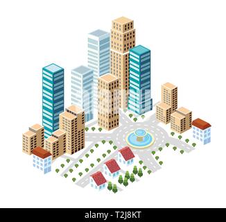 Flat isometric style city downtown set of elements industry and housing Stock Vector