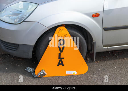 Untaxed vehicle immobilised at the roadside by a yellow DVLA clamp, for non-payment of road tax Stock Photo