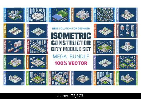 Isometric set of blocks module of areas of the city construction and designing of the perspective city of design of the urban environment Stock Vector