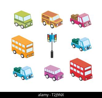 Set of isometric taxi cars buses Stock Vector