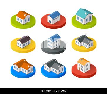 Style flat isometric city set cottage villa house icons of elements industry and housing without shadows cut out Stock Vector