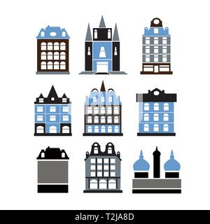 Set of retro buildings of old city houses flat style on white background Cut out Stock Vector