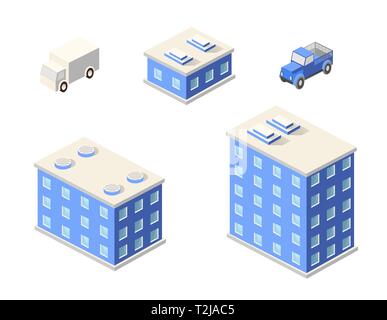 Isometric house set urban city infrastructure of the economy. Landscape town trees parks illustration vector Stock Vector