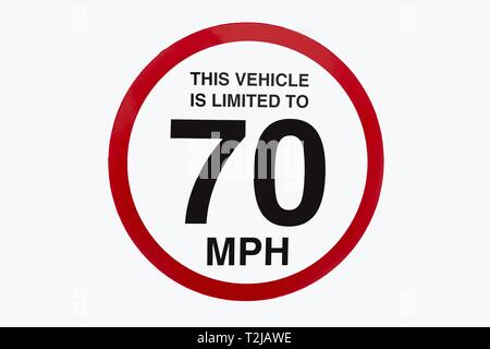 This vehicle is limited to 70 MPH sign red circle on a white background Stock Photo