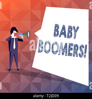 Text sign showing Baby Boomers. Business photo showcasing demonstrating who is born in years following Second World War Businessman Shouting on Megaph Stock Photo