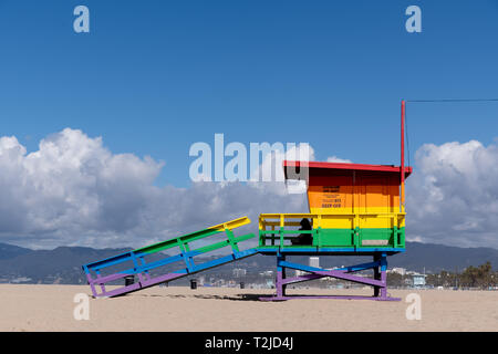 Lifeguard tower painted with rainbow colors, on Venice Beach in Los Angeles, California. Stock Photo