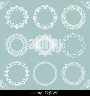 Vintage set of vector round elements. Different round white elements for design frames, cards, menus, backgrounds and monograms. Classic patterns. Set Stock Vector