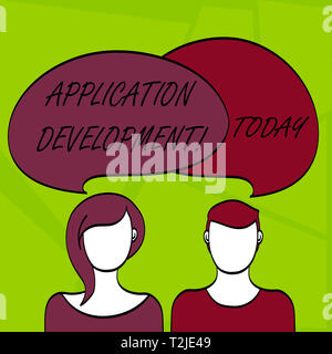 Writing note showing Application Development. Business concept for process of creating computer phone programs Faces of Male and Female Colorful Speec Stock Photo