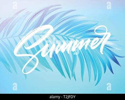 Summer lettering design in a colorful blue and purple palm tree leaves background. Vector illustration EPS10 Stock Vector