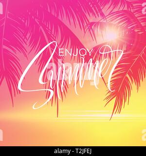 Summer lettering poster with palm trees background in pink colors. Vector illustration EPS10 Stock Vector