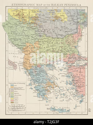 Balkan Peninsula ethnographic map. Greeks Bulgarians Serbs Croats TIMES 1900 Stock Photo