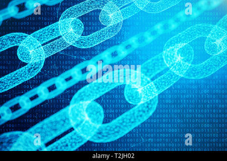Block chain concept, digital block chain technology. Cryptocurrency, concept of digital code. Chain links network. Low polygonal grid of triangles glo Stock Photo