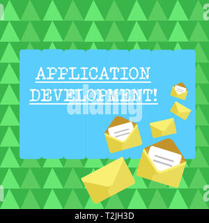 Handwriting text Application Development. Conceptual photo process of creating computer phone programs Closed and Open Envelopes with Letter Tucked In Stock Photo
