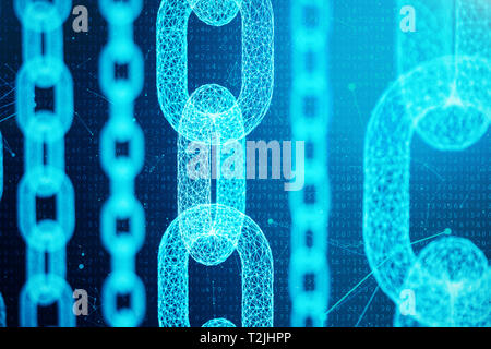 3D illustration digital block chain code. Chain links network. Low polygonal grid of triangles glowing in blue dot network, abstract background. Conce Stock Photo