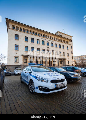 The headquarters of the Bulgarian National Bank in Sofia, Bulgaria,  with a police car in front Stock Photo