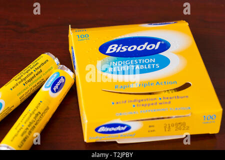 Photograph of a Box of Bisodol indigestion relief tablets. United Kingdom Stock Photo