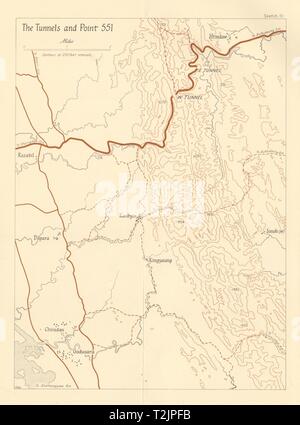 Burma Campaign 1944. World War 2. Arakan. The Tunnels & Point 551 1961 old map Stock Photo