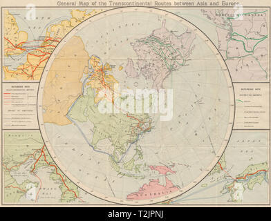 Sea & rail routes between Asia & Europe. Trans-Siberian railway 1913 old map Stock Photo