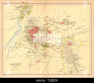 Lahore town city plan. Cantonment Key buildings. British India/Pakistan 1909 map Stock Photo