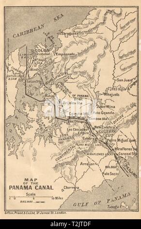 PANAMA CANAL. Vintage map. Railway. Shows canal zone. Caribbean 1935 old Stock Photo