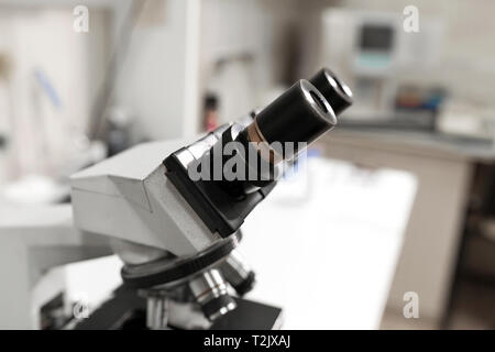 microscope on table in laboratory. Research and analysis. Stock Photo