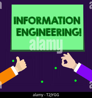 Writing note showing Information Engineering. Business concept for deals with distribution and knowledge in systems Two Businessmen Hands Gesturing th Stock Photo