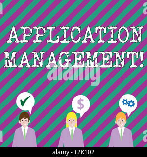 Text sign showing Application Management. Business photo showcasing analysisaging applications throughout their lifecycle Businessmen Each has their O Stock Photo