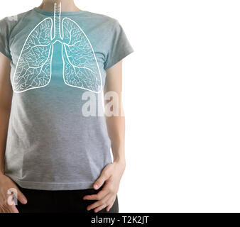 highlighted blue  healthy lungs on woman body Stock Photo