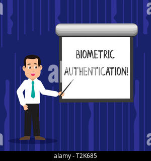 Text sign showing Biometric Authentication. Business photo text identity verification involves biological input Man in Necktie Talking Holding Stick P Stock Photo