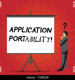 Conceptual hand writing showing Application Portability. Concept meaning software designed moved from one environment another Businessman with Questio Stock Photo